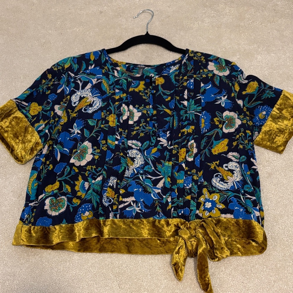 Anthropologie Blue and Gold Floral Blouse